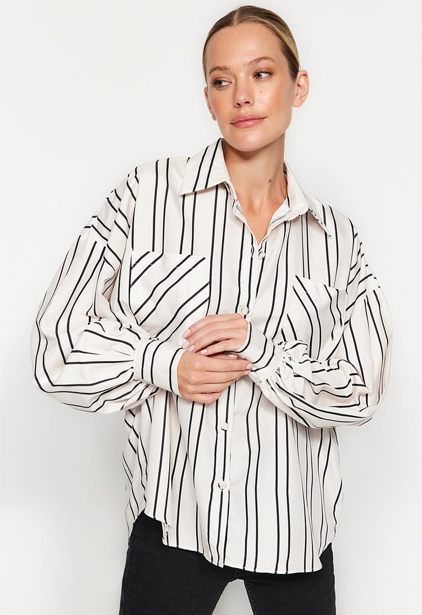 Trendyol - Striped oversize wide fit satin woven shirt - ecru