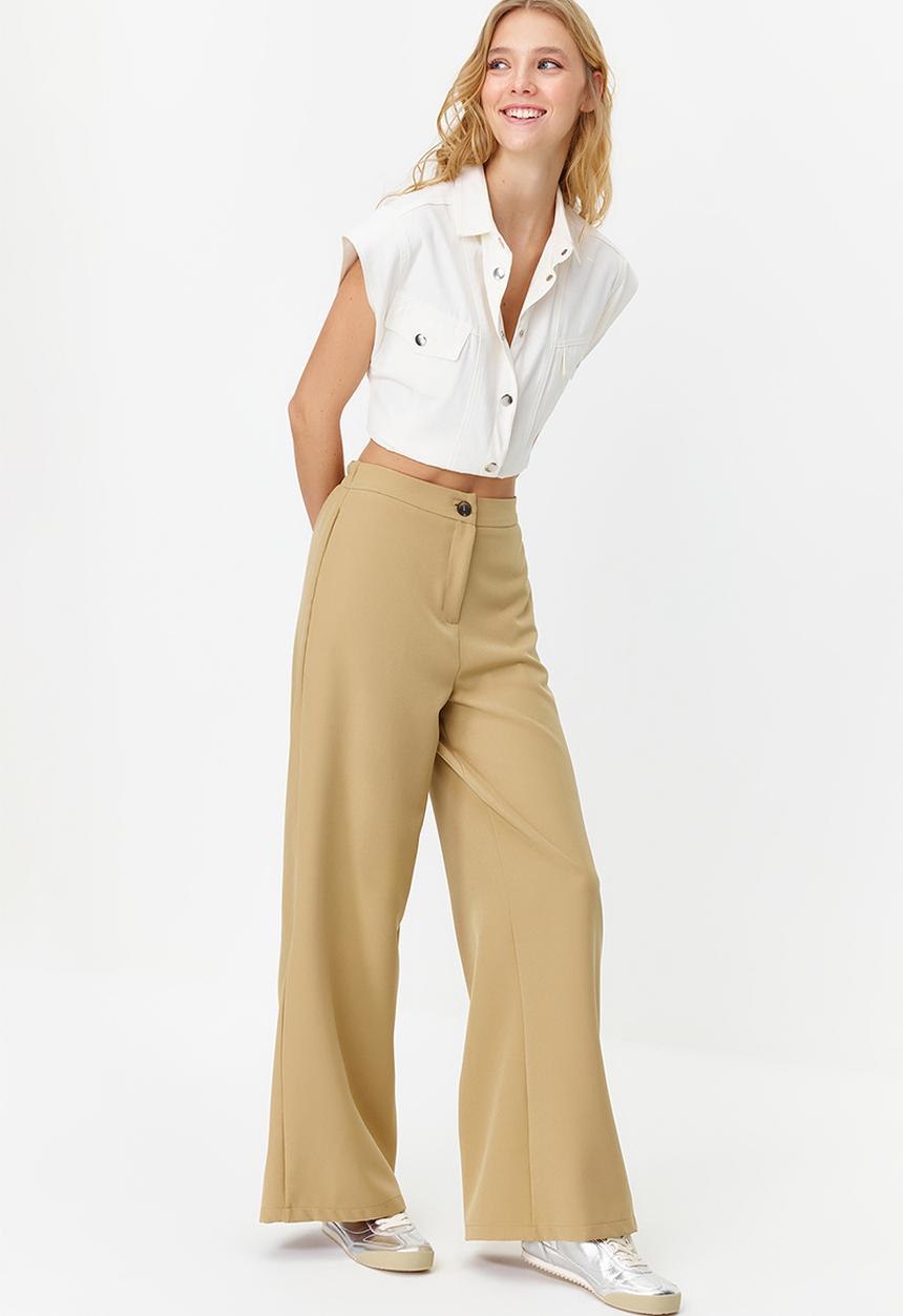 Trendyol - Wide leg woven trousers with side buttons - beige 
