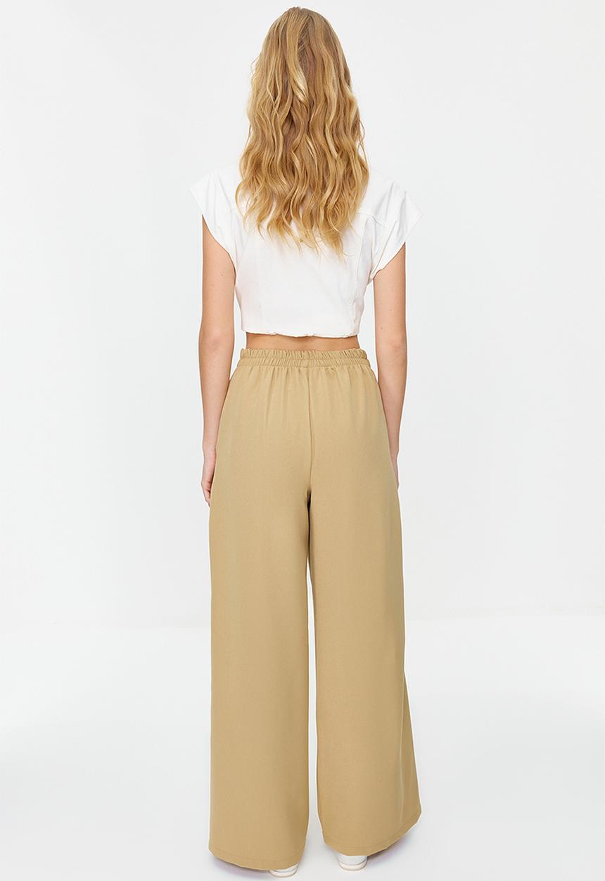 Trendyol - Wide leg woven trousers with side buttons - beige 