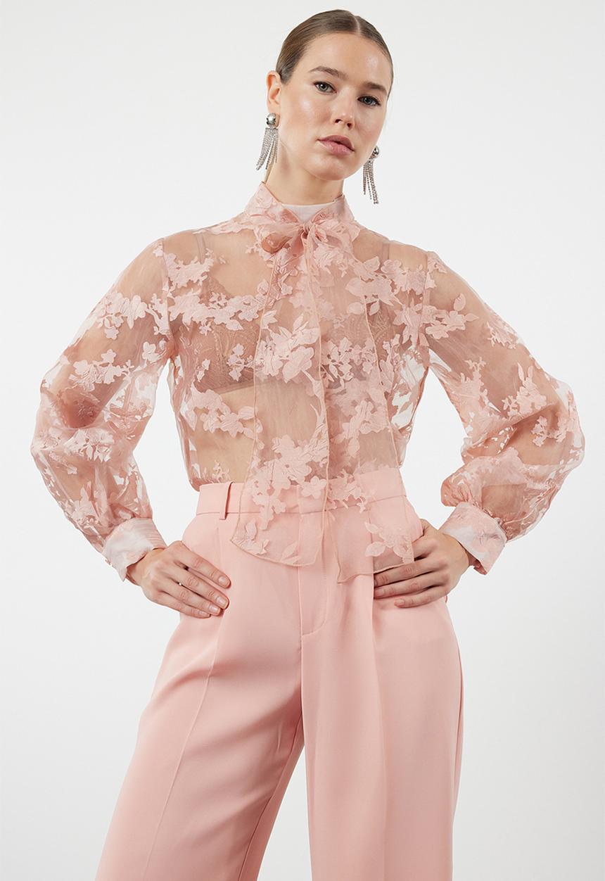 Trendyol - Floral patterned tied woven blouse - powder