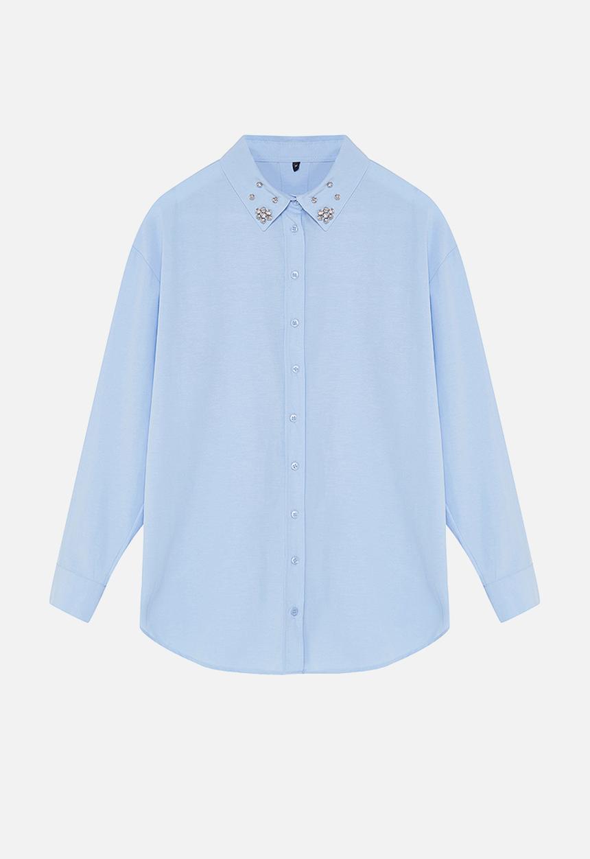 Trendyol - Collar stone detailed oversize wide fit woven shirt - blue