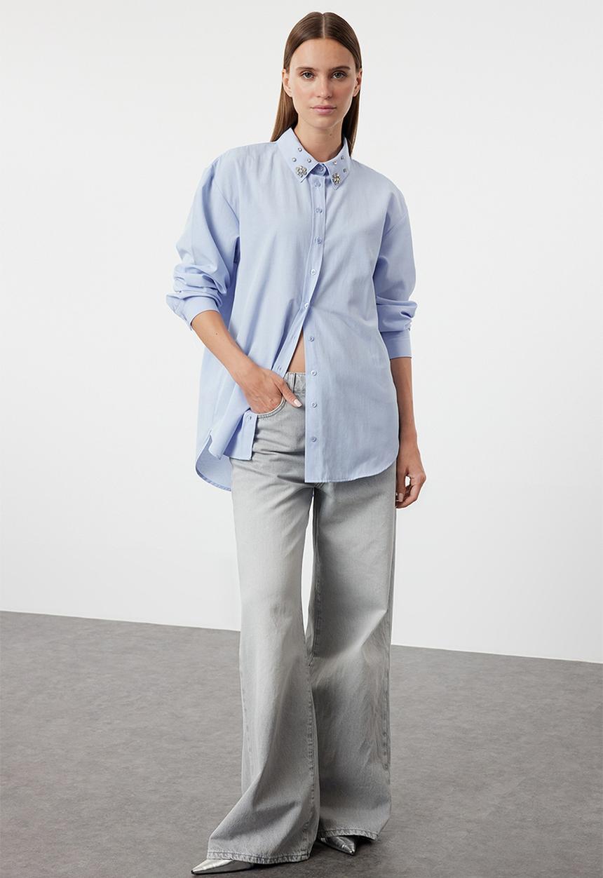Trendyol - Collar stone detailed oversize wide fit woven shirt - blue