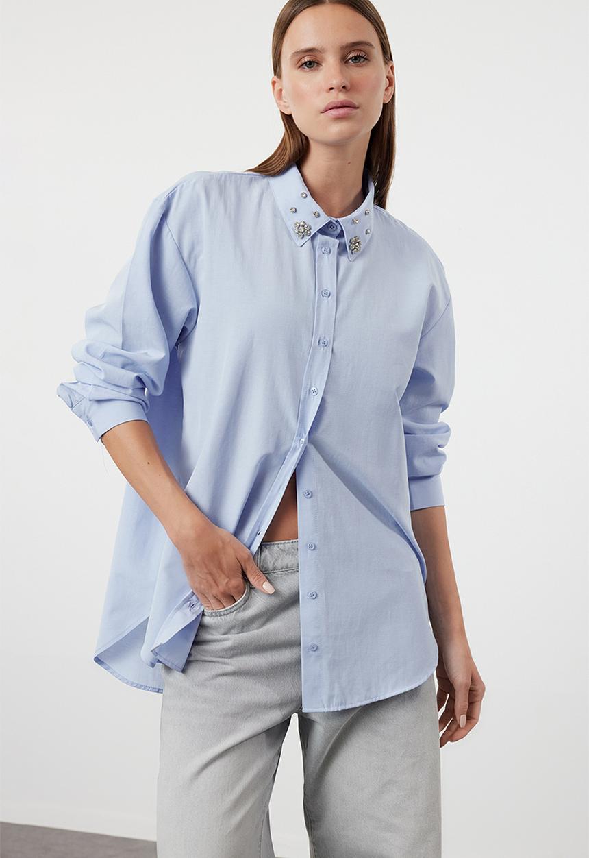 Trendyol - Collar stone detailed oversize wide fit woven shirt - blue