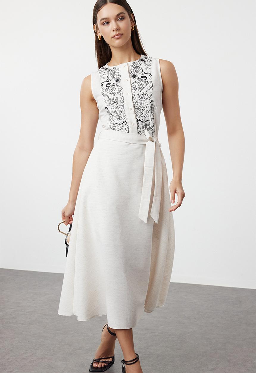 Trendyol - Belted embroidered midi woven dress - white