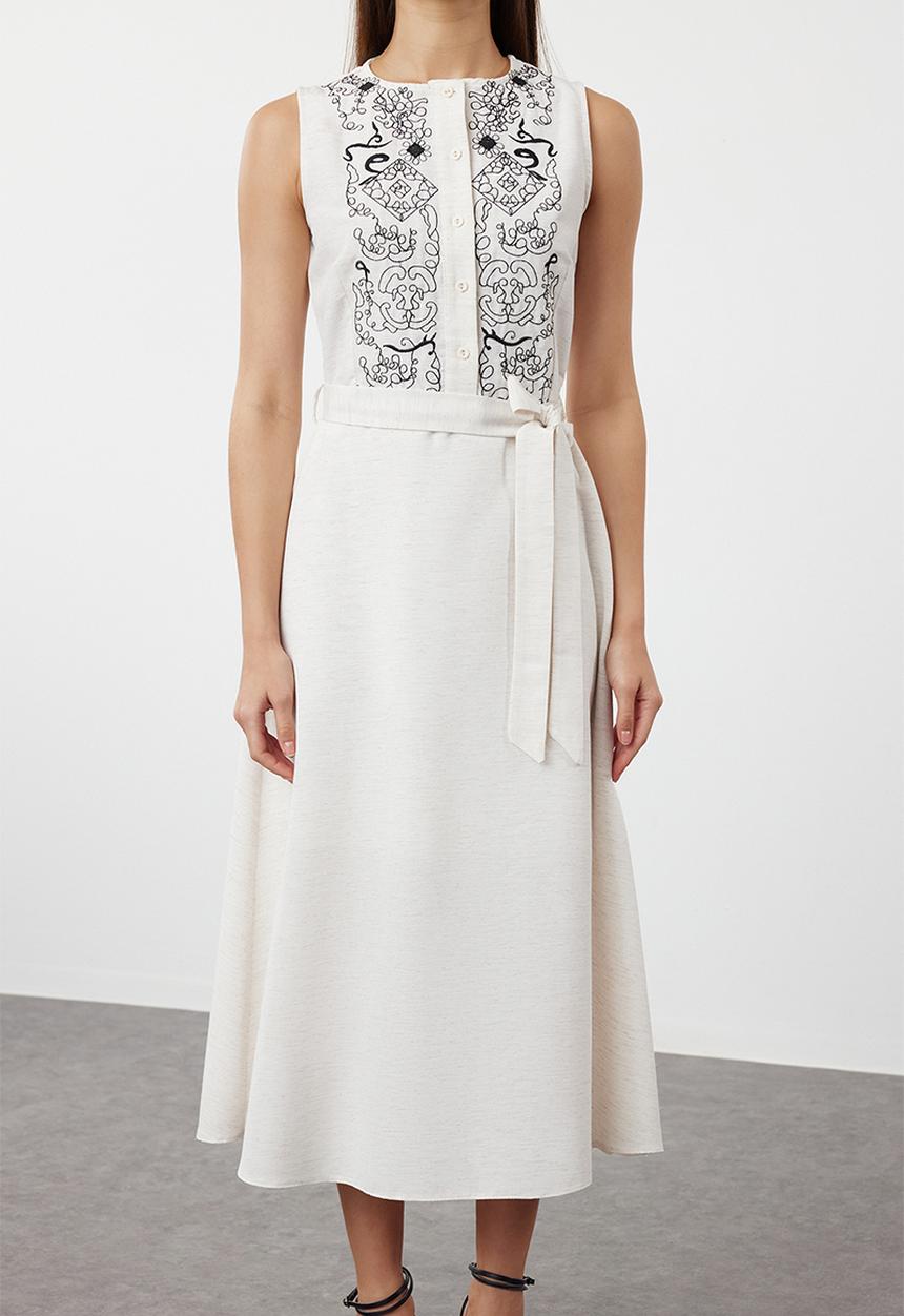 Trendyol - Belted embroidered midi woven dress - white