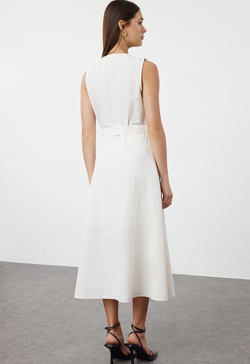 Trendyol - Belted embroidered midi woven dress - white