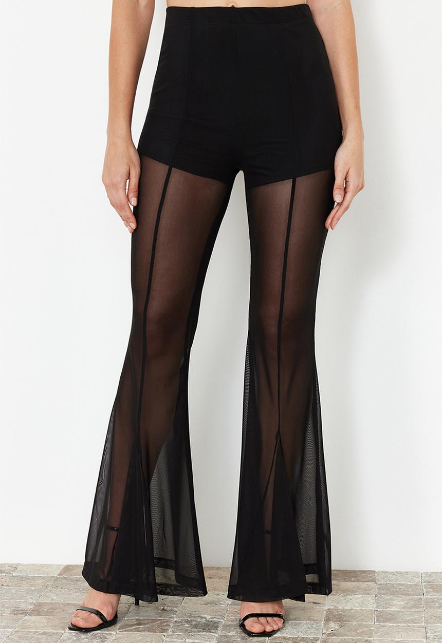 Trendyol - Flare leg transparent knitted tulle trousers - black