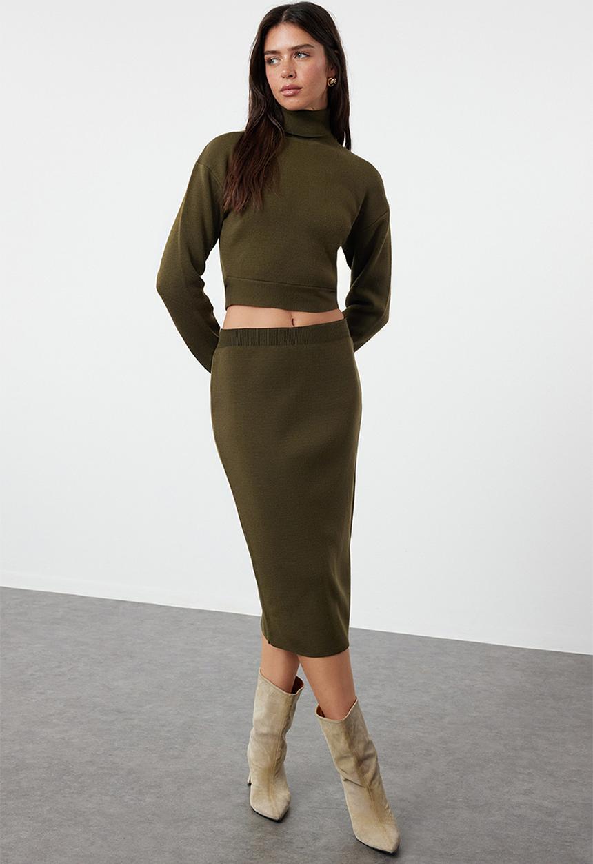 Trendyol - Midi pencil knitwear skirt - khaki