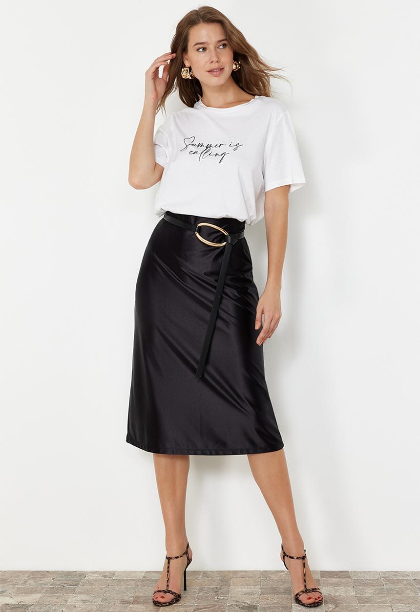 Trendyol - Premium satin a-line/alarm form midi knitted skirt - black