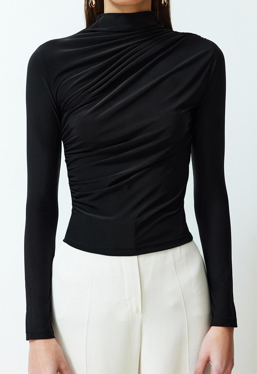Trendyol - Gathered square neck fitted elastic knitted blouse - black