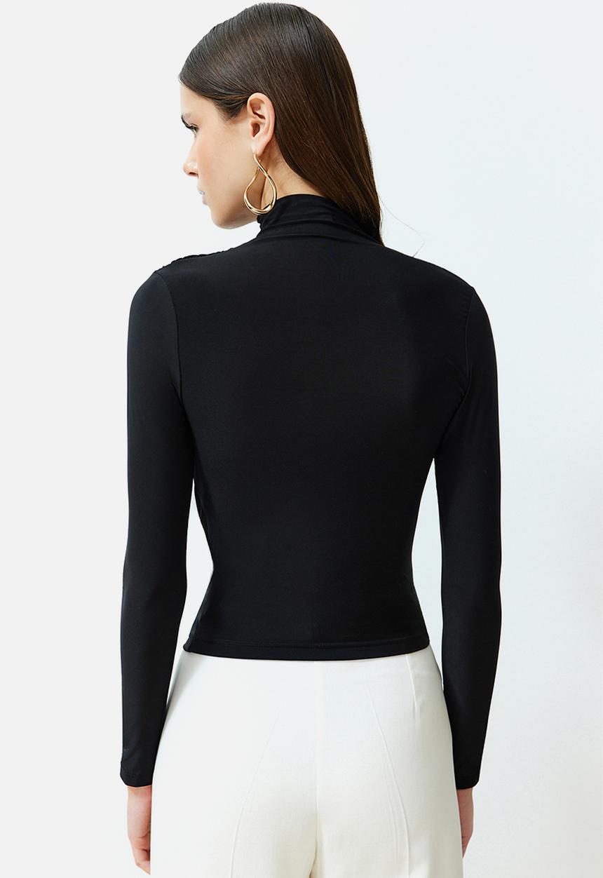Trendyol - Gathered square neck fitted elastic knitted blouse - black