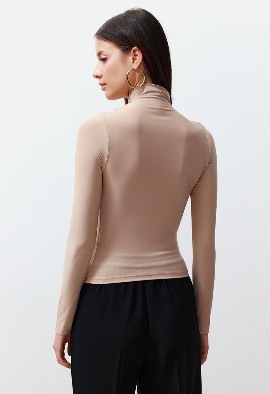 Trendyol - Gathered square neck fitted elastic knitted blouse - stone