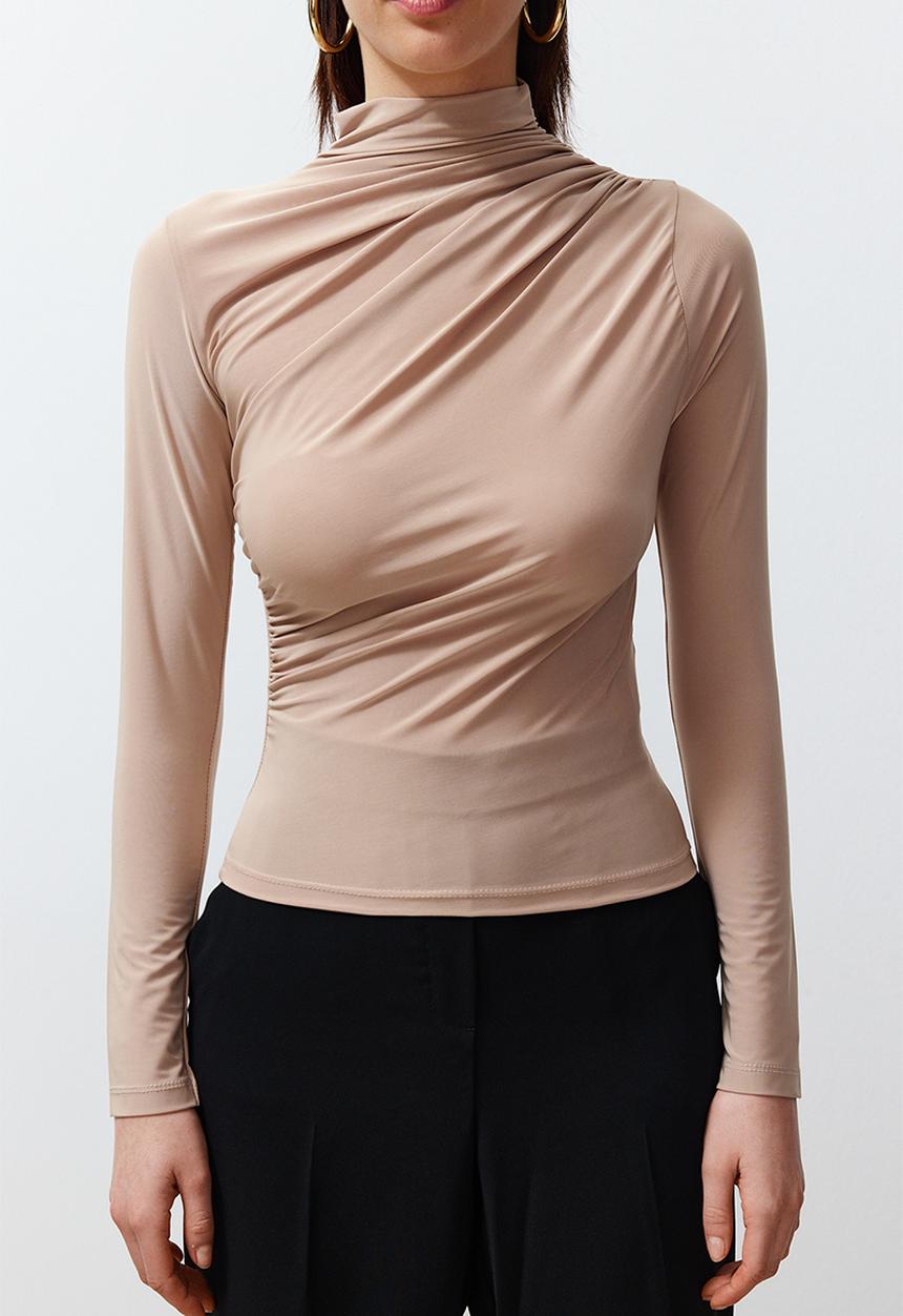 Trendyol - Gathered square neck fitted elastic knitted blouse - stone