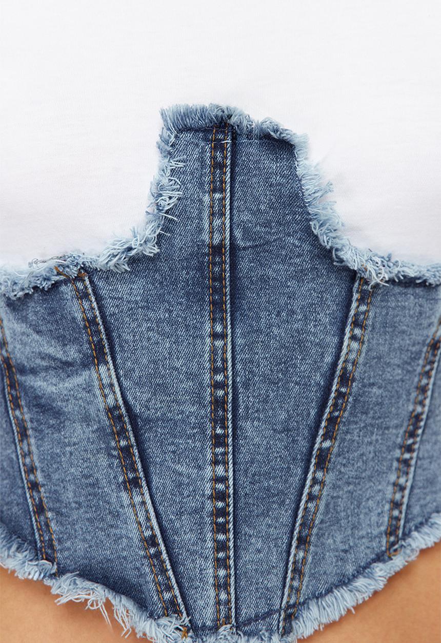 Trendyol -  Denim detailed crop padded knitted blouse - white