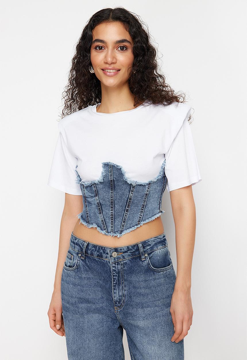 Trendyol -  Denim detailed crop padded knitted blouse - white