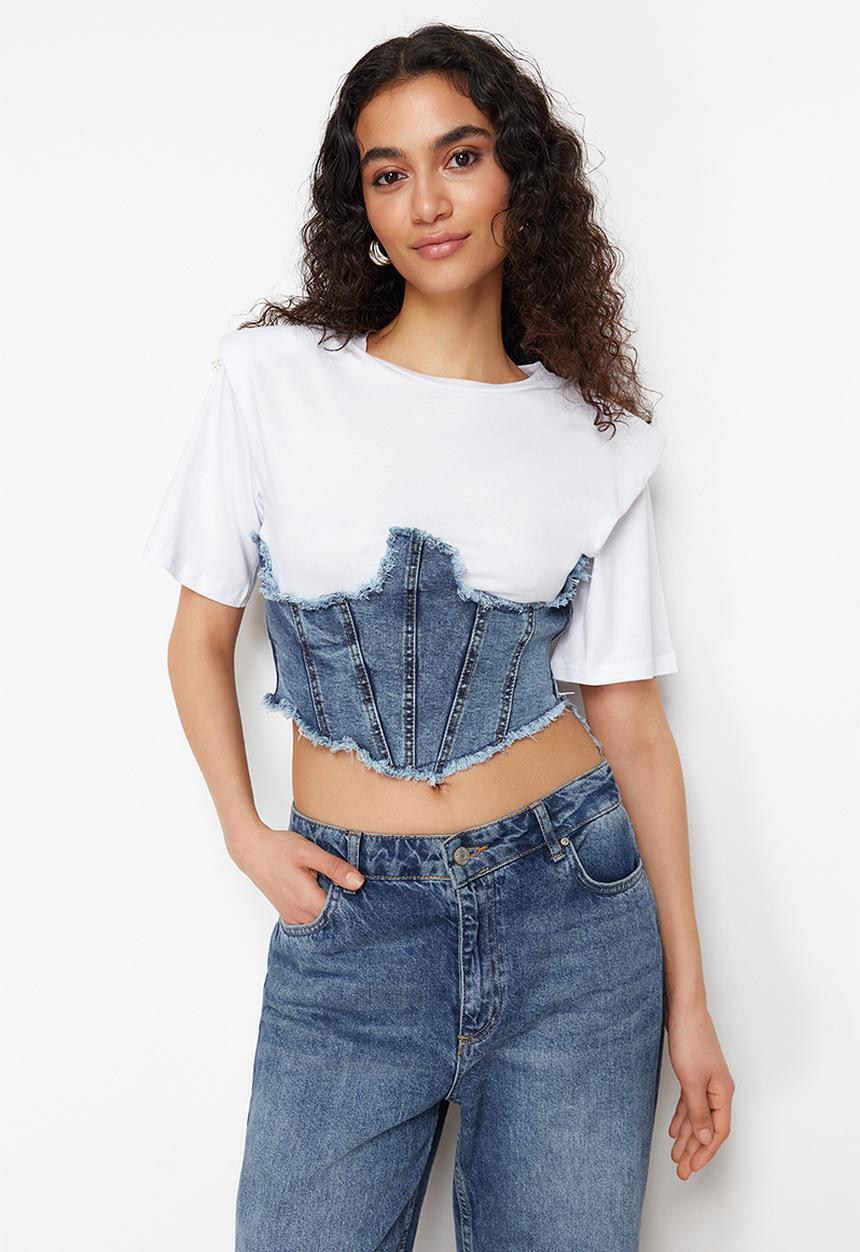Trendyol -  Denim detailed crop padded knitted blouse - white