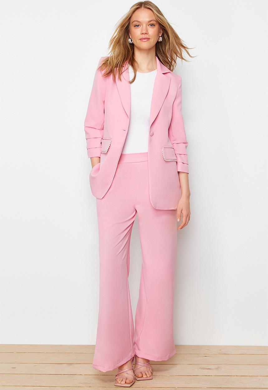 Trendyol - Detailed crepe jacket trousers woven bottom top set - pink pearl 