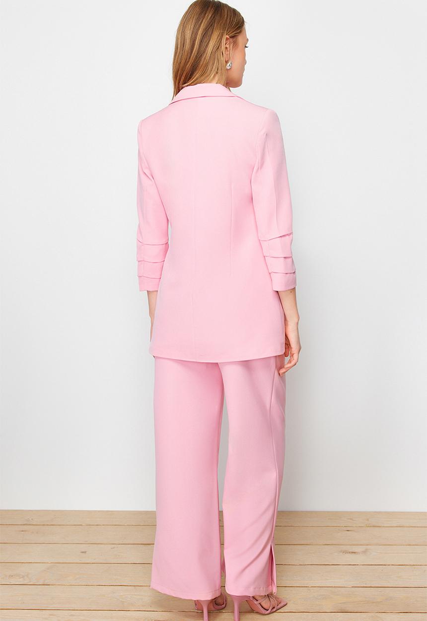 Trendyol - Detailed crepe jacket trousers woven bottom top set - pink pearl 