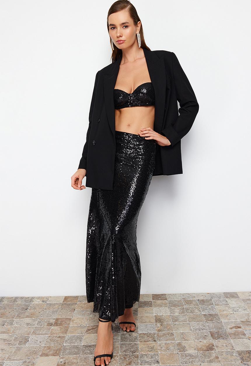 Trendyol - Woven sequin long skirt - black