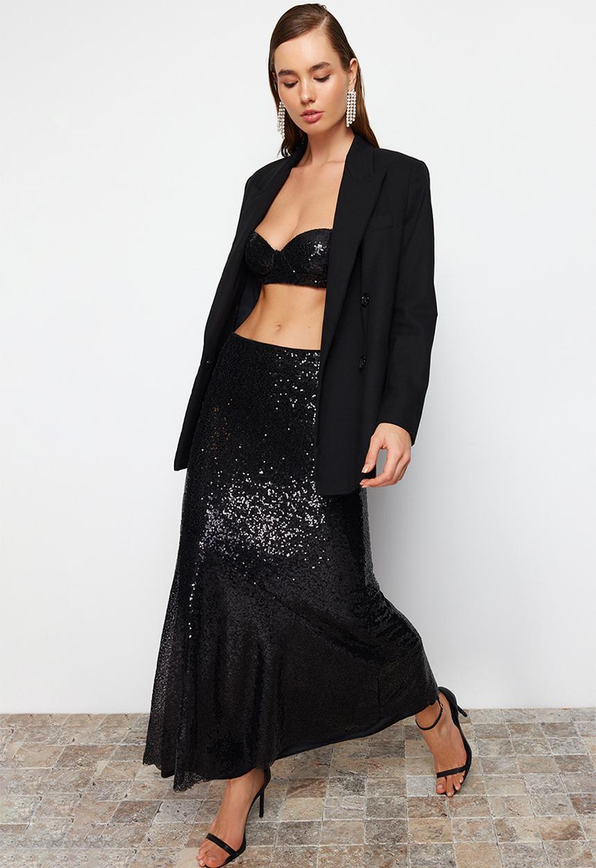 Trendyol - Woven sequin long skirt - black
