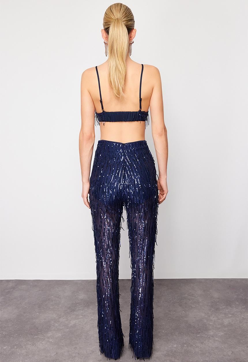 Trendyol - Wide leg knitted sequin trousers - navy blue