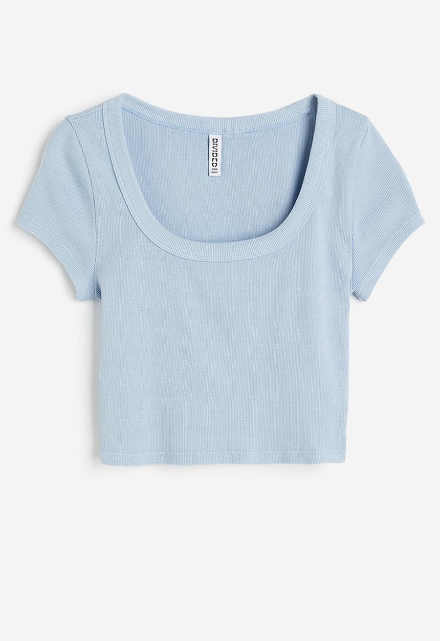 H&M - Cropped ribbed t-shirt - light blue