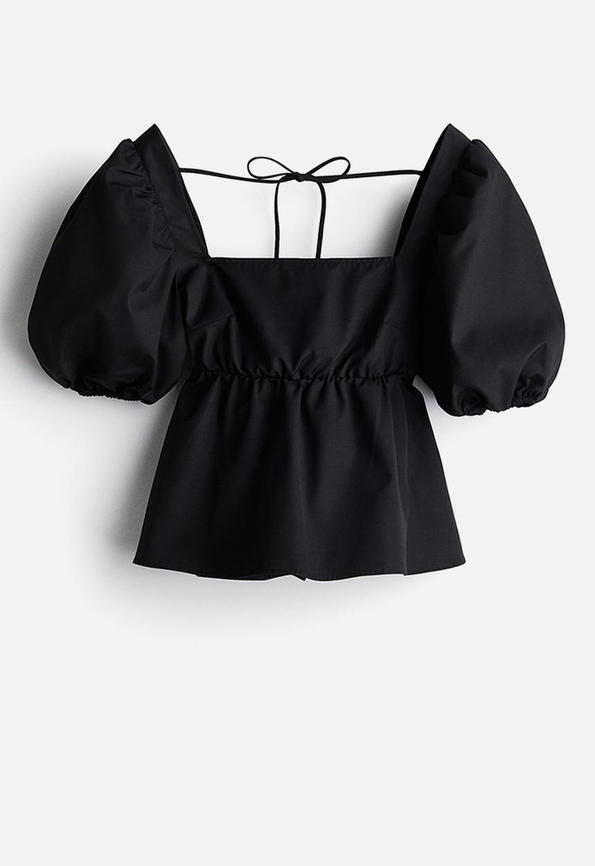 H&M - Tie-detail puff-sleeved blouse - black