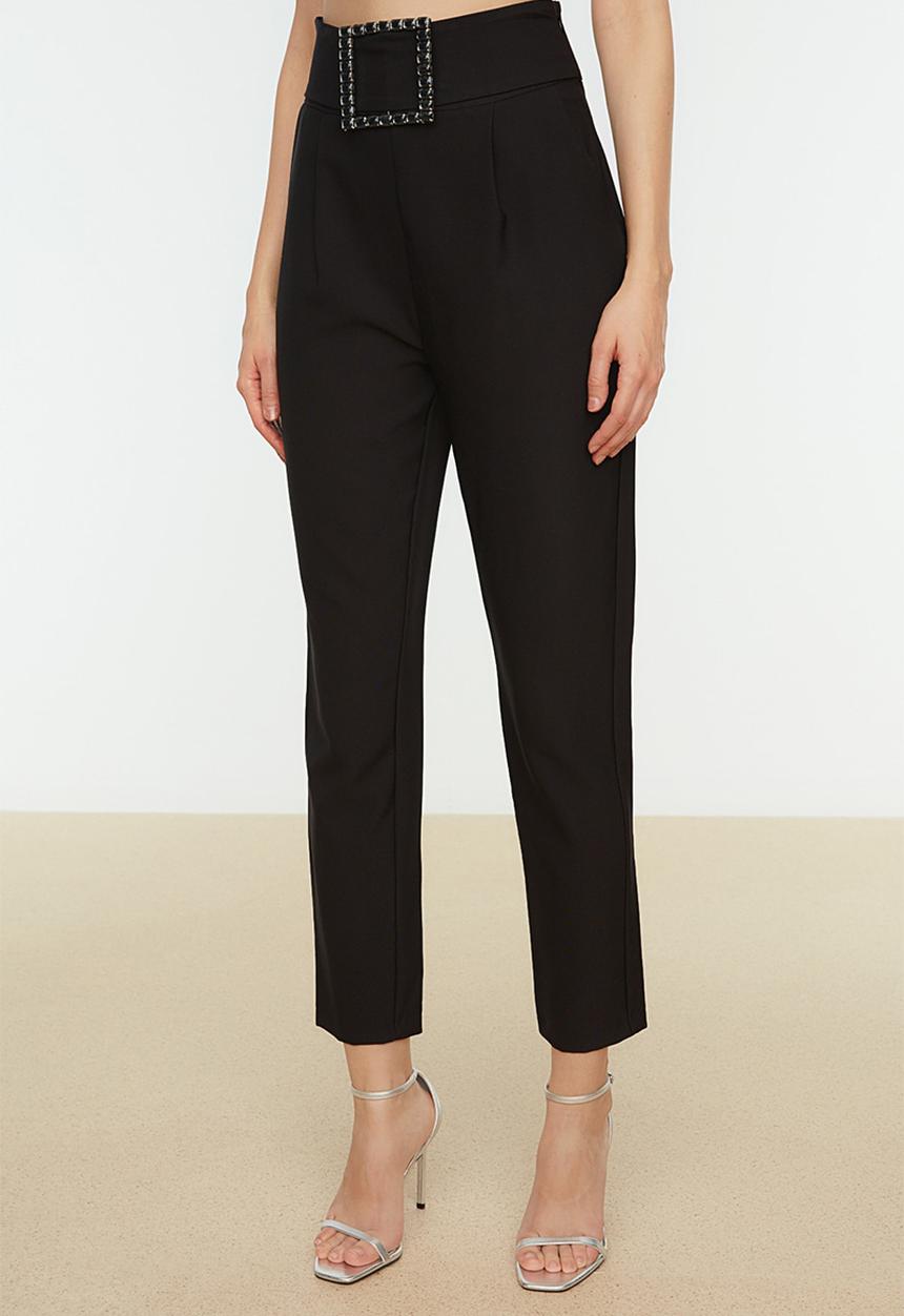 Trendyol - Belted shiny stone woven trousers - black