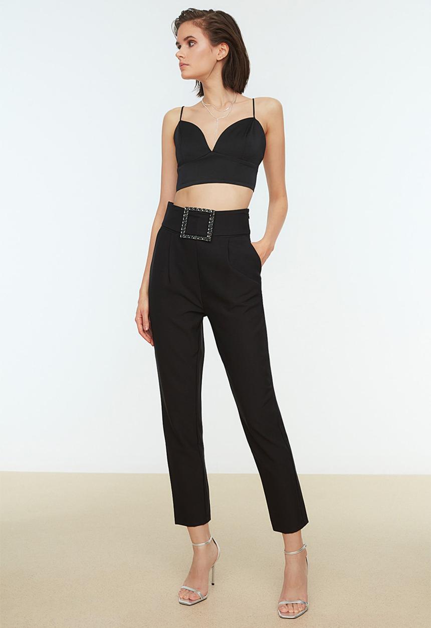 Trendyol - Belted shiny stone woven trousers - black