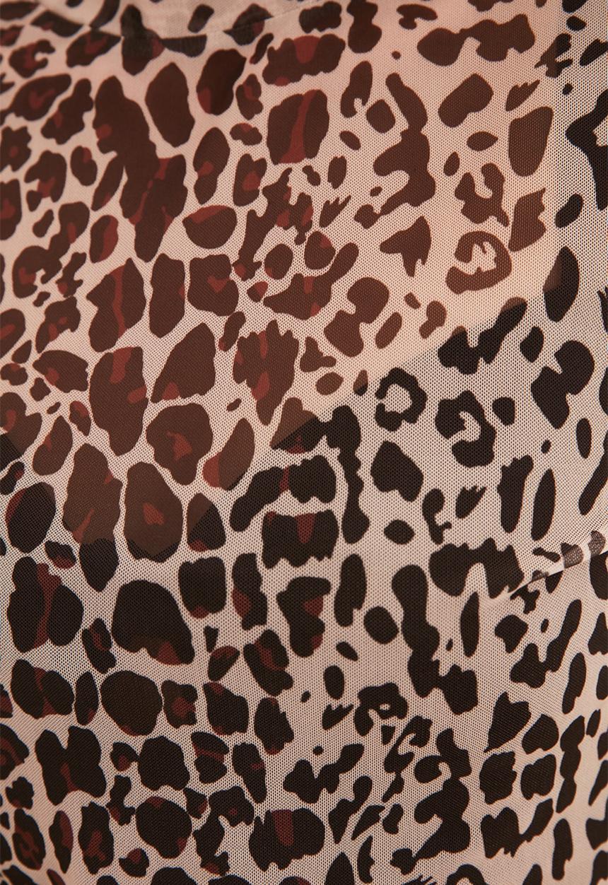 Trendyol - Animal leopard patterned high collar tulle knitted blouse - brown
