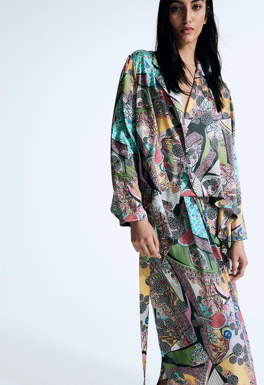 H&M - Anamika Khanna X H&M: Tie-belt abstract-motif silk shirt - multi 