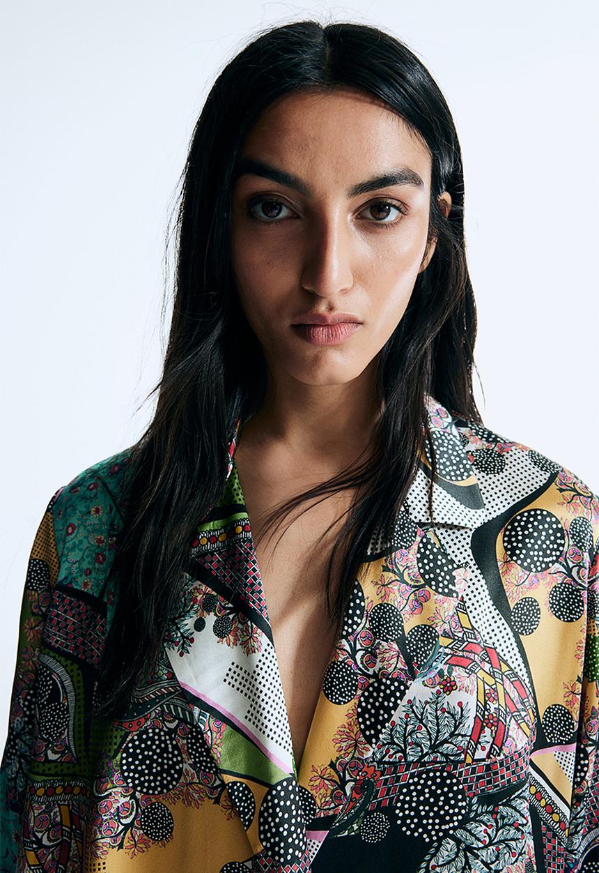 H&M - Anamika Khanna X H&M: Tie-belt abstract-motif silk shirt - multi 
