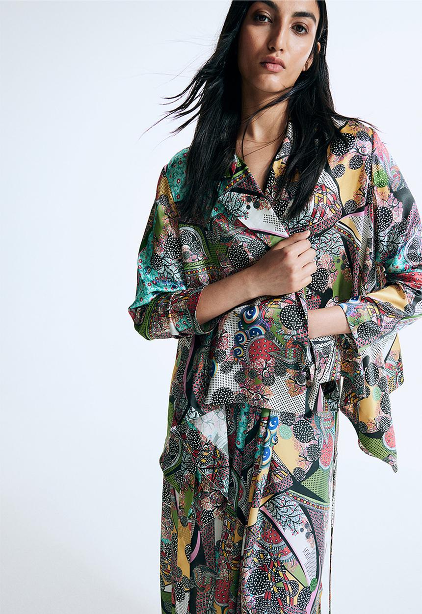 H&M - Anamika Khanna X H&M: Tie-belt abstract-motif silk shirt - multi 