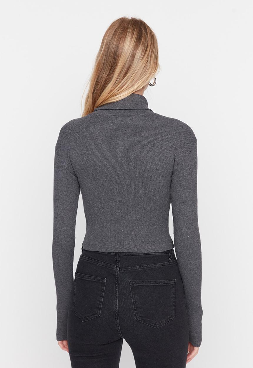 Trendyol - Fitted turtleneck finger detailed ribbed stretchy blouse - anthracite