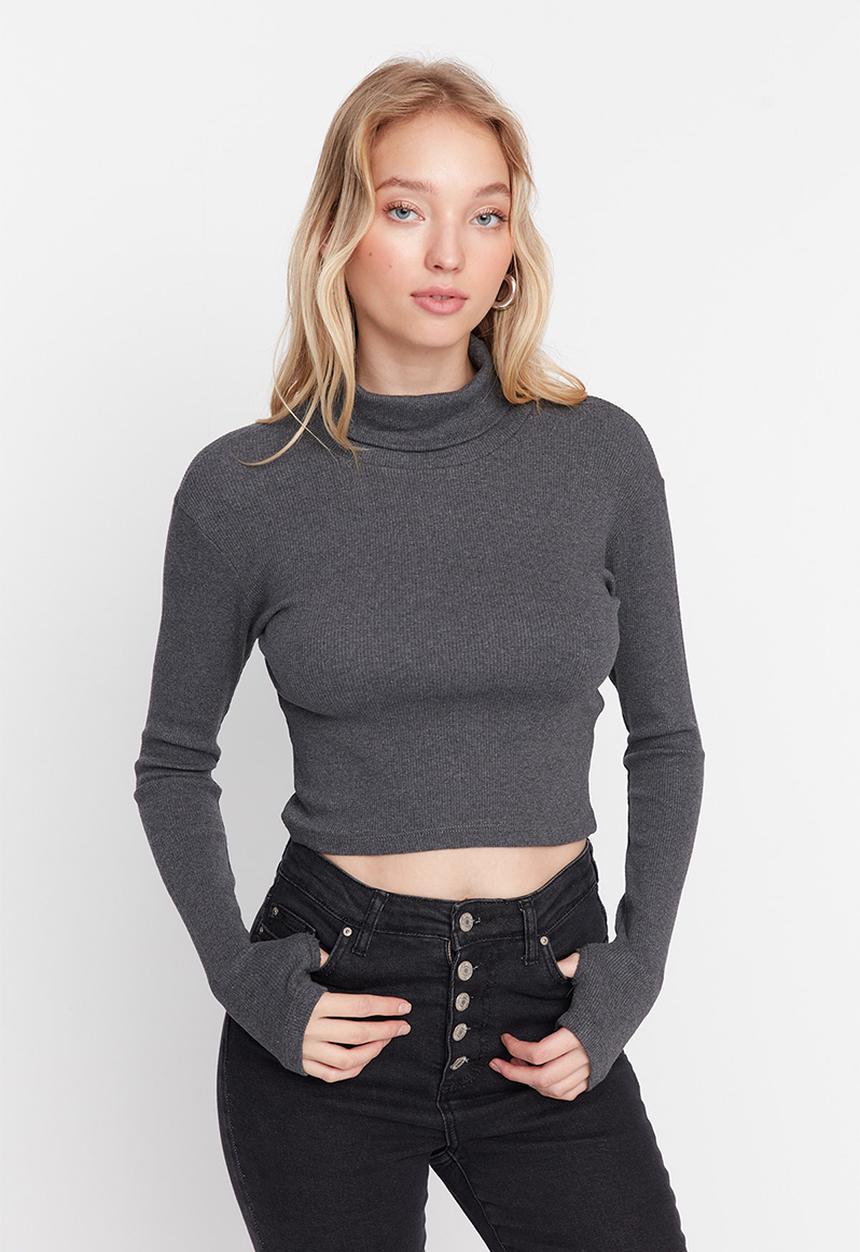 Trendyol - Fitted turtleneck finger detailed ribbed stretchy blouse - anthracite