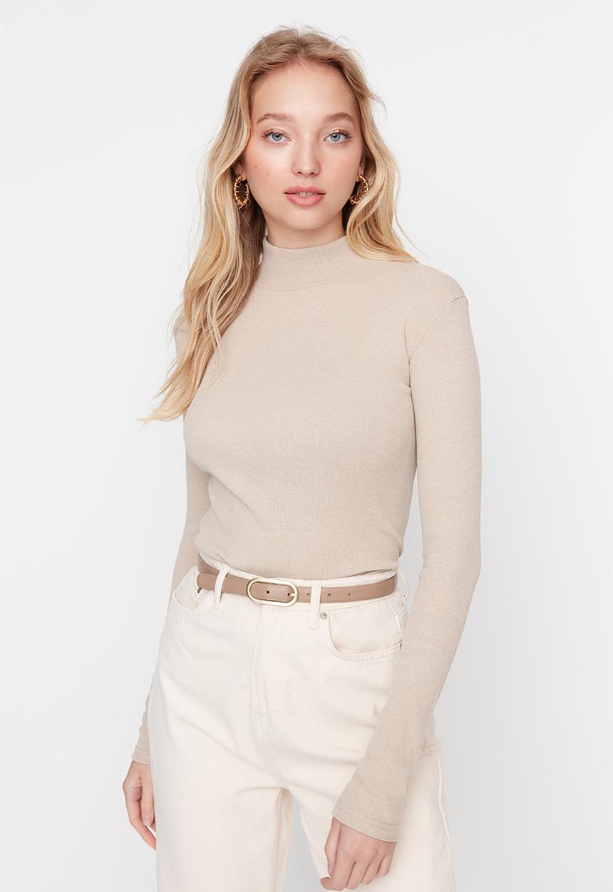 Trendyol - Fitted high collar long sleeve ribbed stretchy knitted blouse - beige