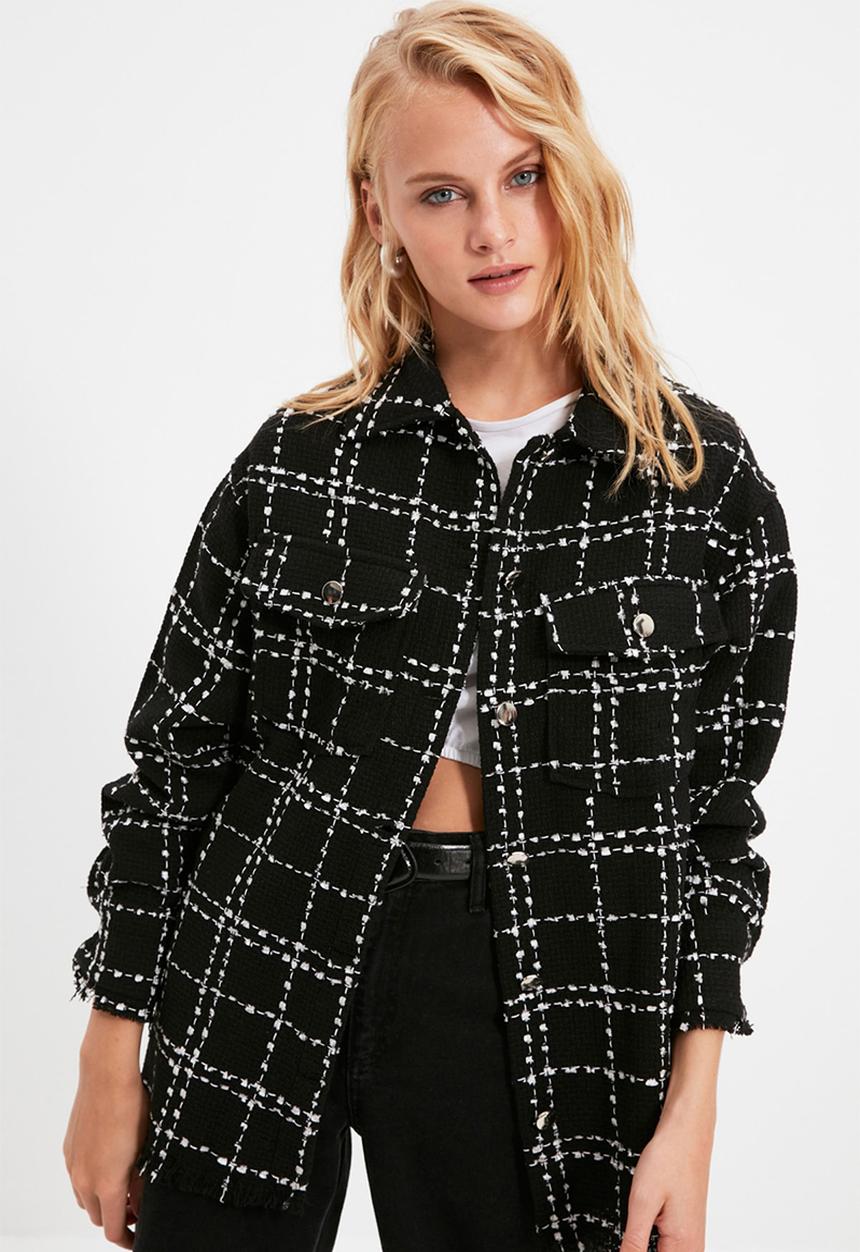 Trendyol - Plaid pocket detailed tweed woven jacket shirt - black