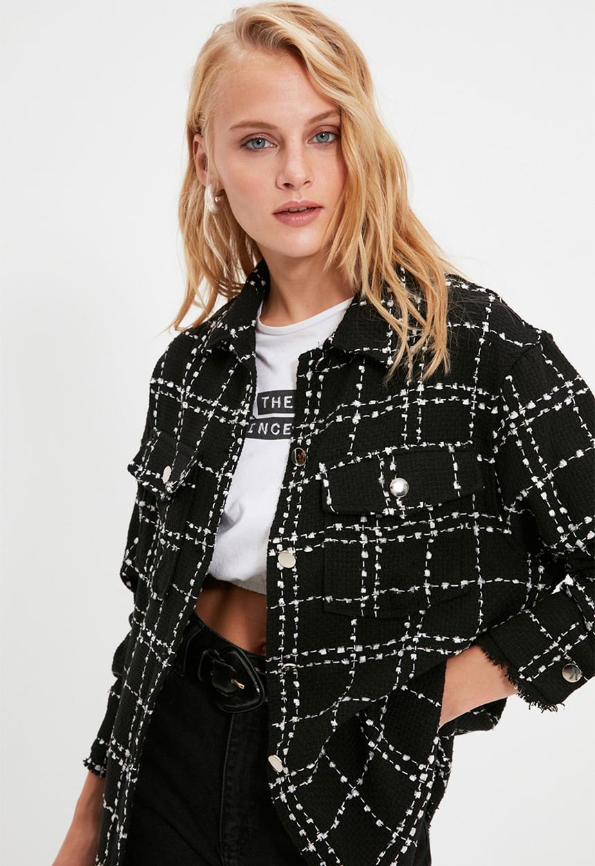 Trendyol - Plaid pocket detailed tweed woven jacket shirt - black