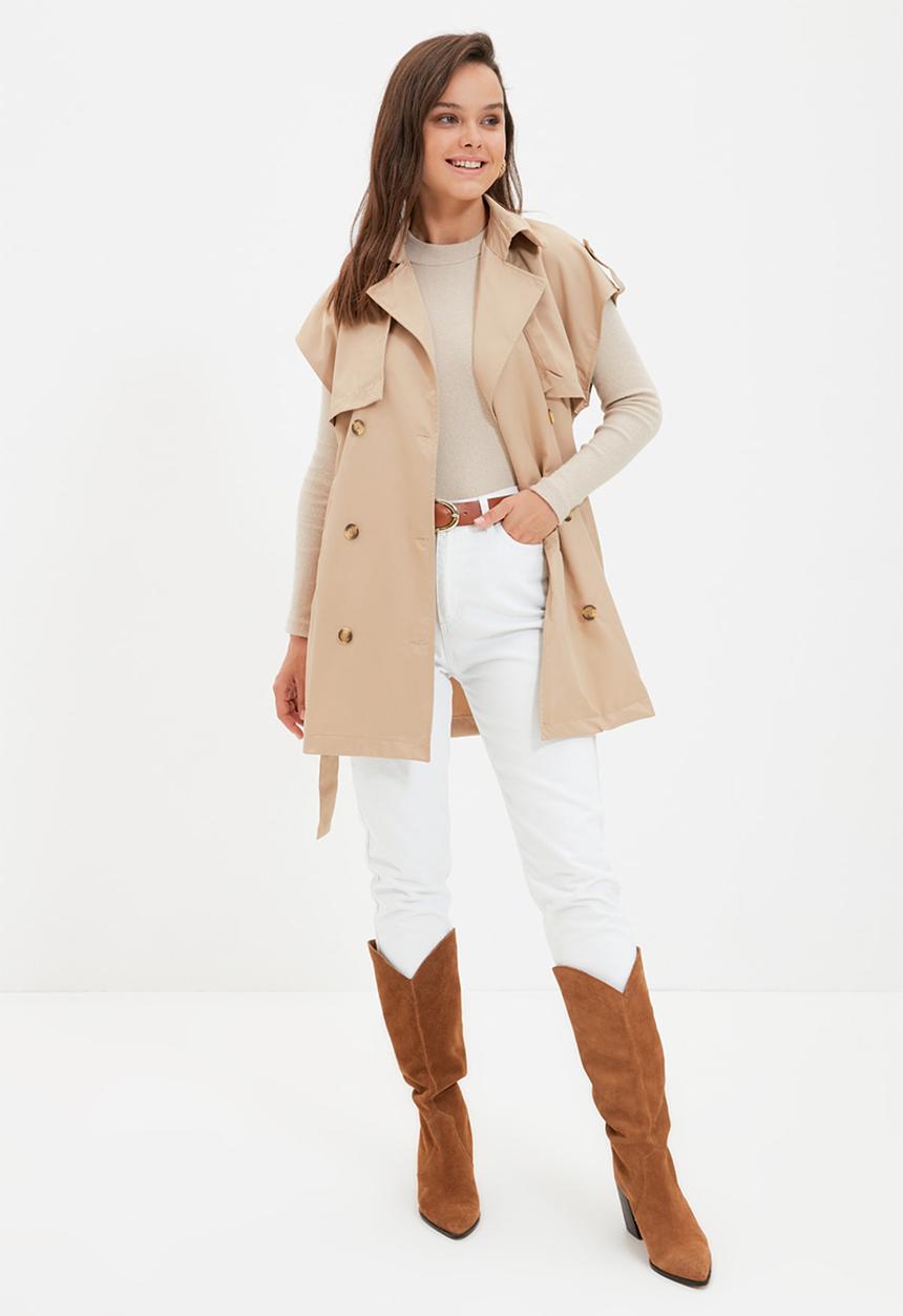 Trendyol - Belted double pocket trench coat vest - camel 