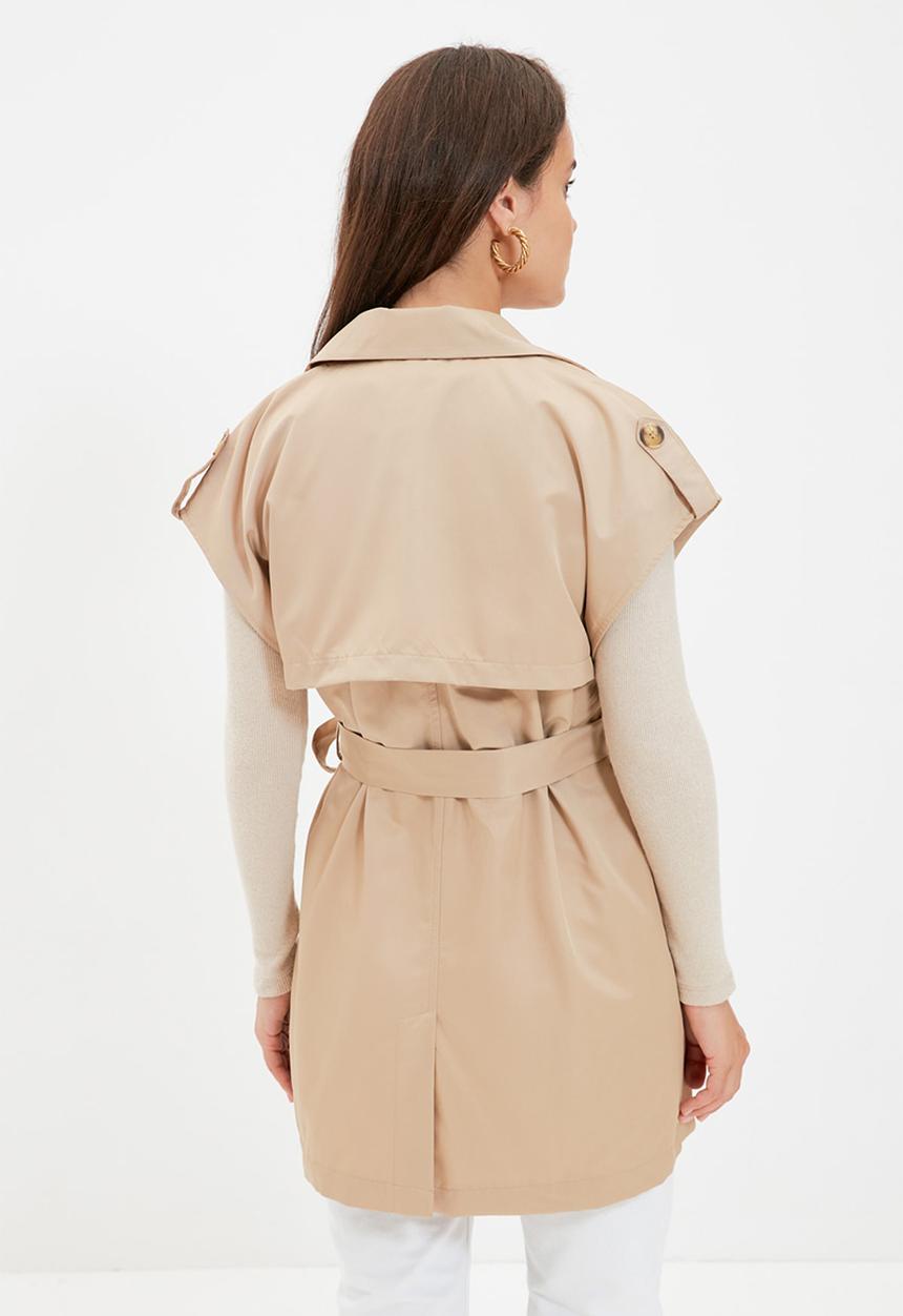 Trendyol - Belted double pocket trench coat vest - camel 