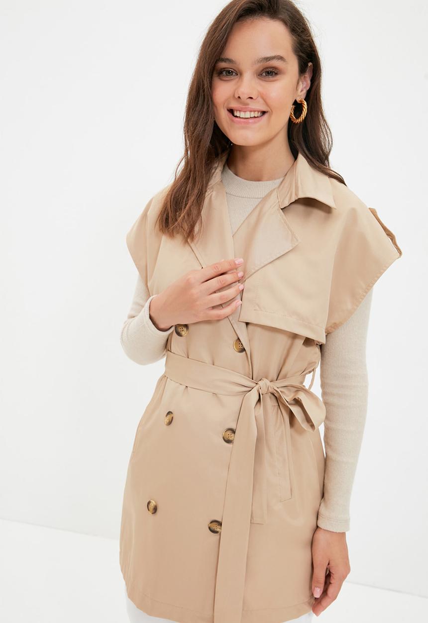 Trendyol - Belted double pocket trench coat vest - camel 
