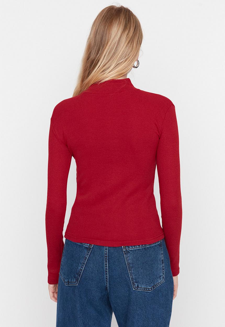 Trendyol - Slim fitted stand up collar ribbed stretch knitted blouse - burgundy