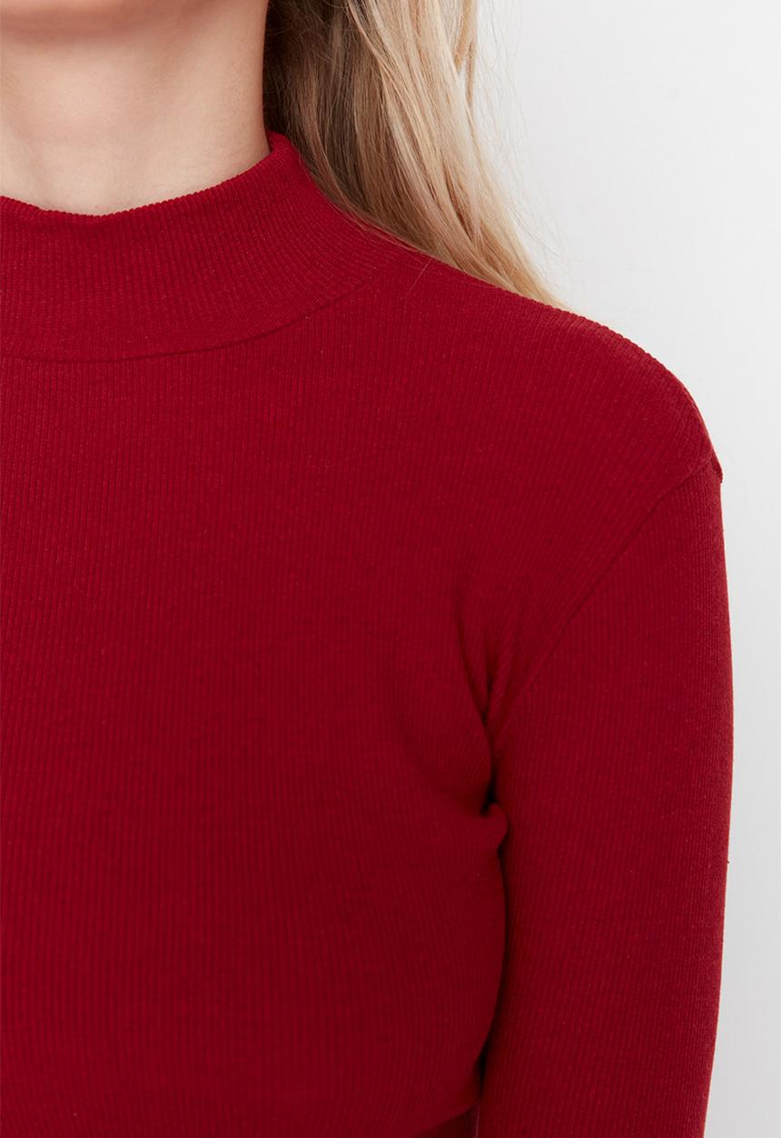 Trendyol - Slim fitted stand up collar ribbed stretch knitted blouse - burgundy