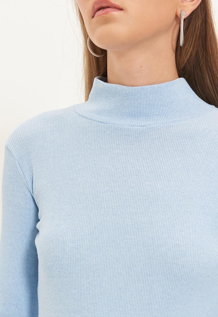 Trendyol - Fitted high collar long sleeve ribbed stretchy knitted blouse - blue