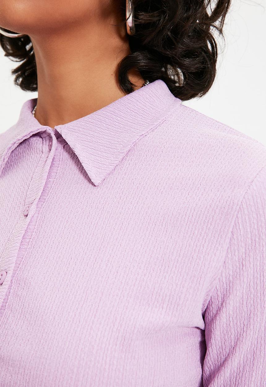 Trendyol - Button fitted polo neck wrap/textured crop knitted blouse - lilac