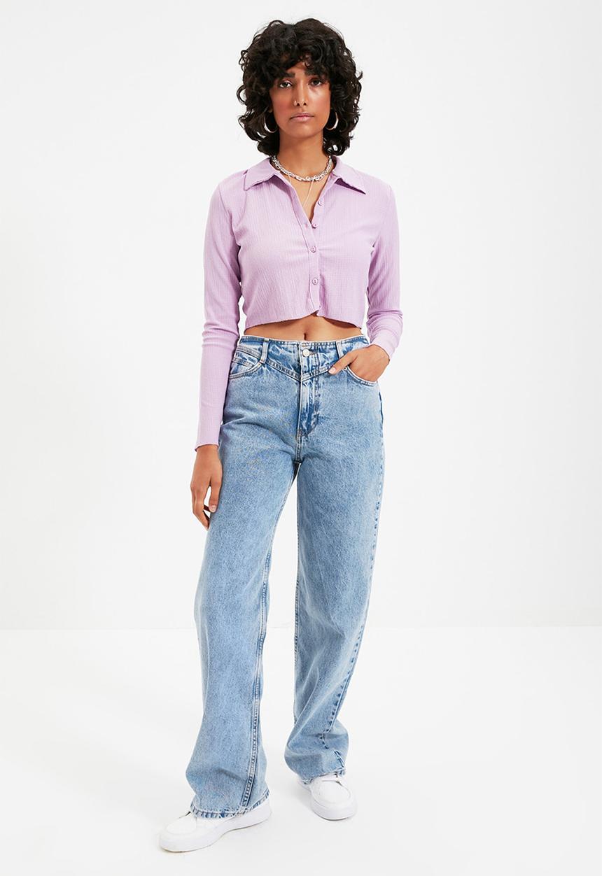 Trendyol - Button fitted polo neck wrap/textured crop knitted blouse - lilac