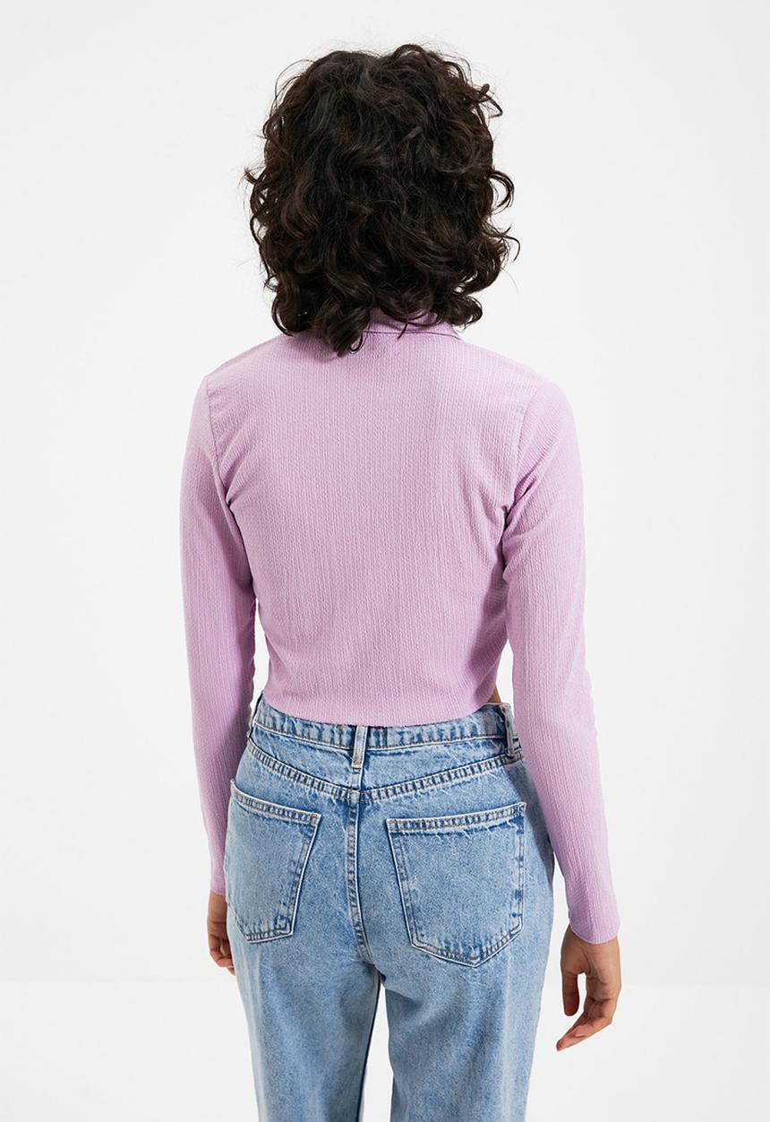 Trendyol - Button fitted polo neck wrap/textured crop knitted blouse - lilac