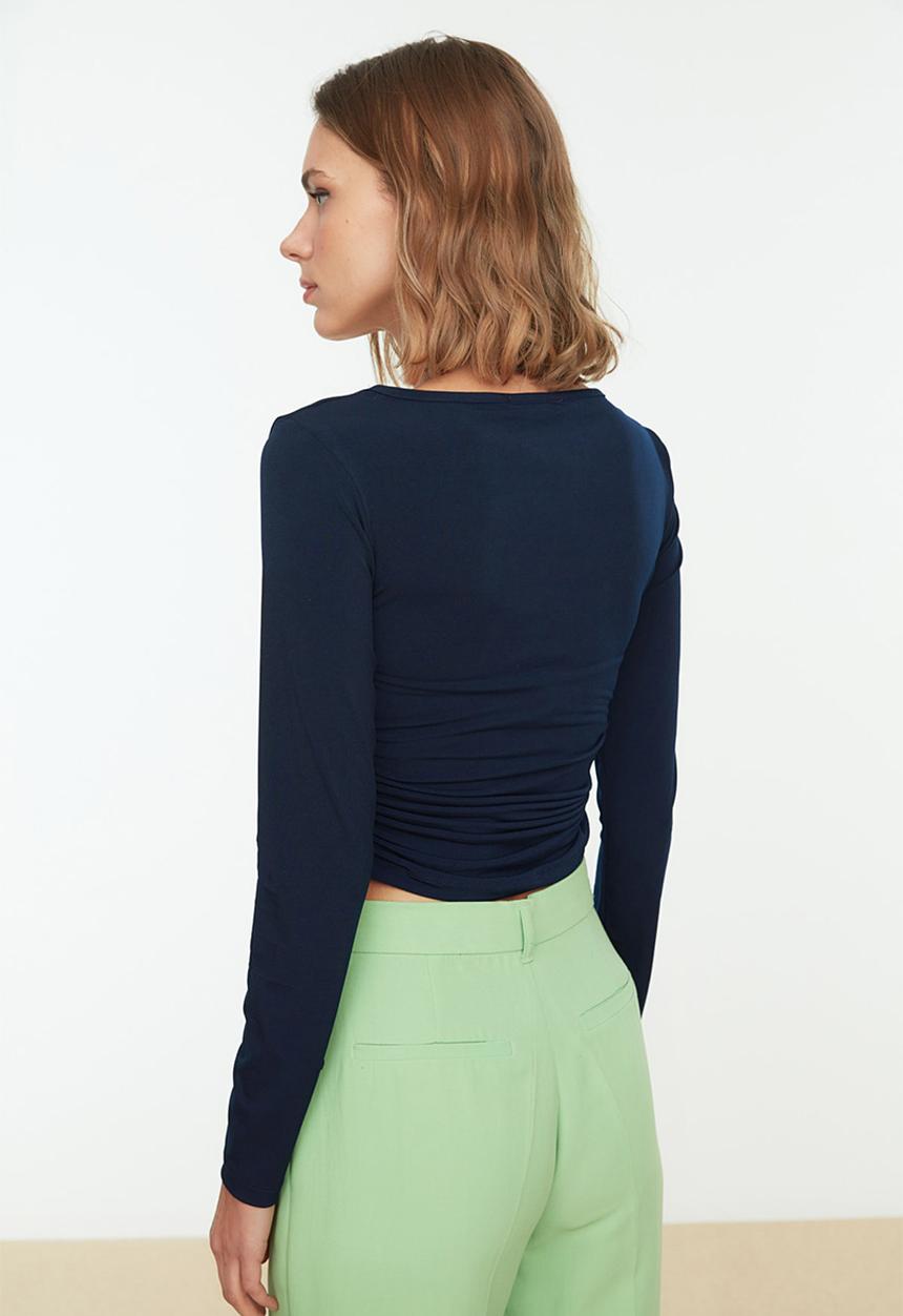 Trendyol - Square collar shirring detail/slippery top with crop - navy blue