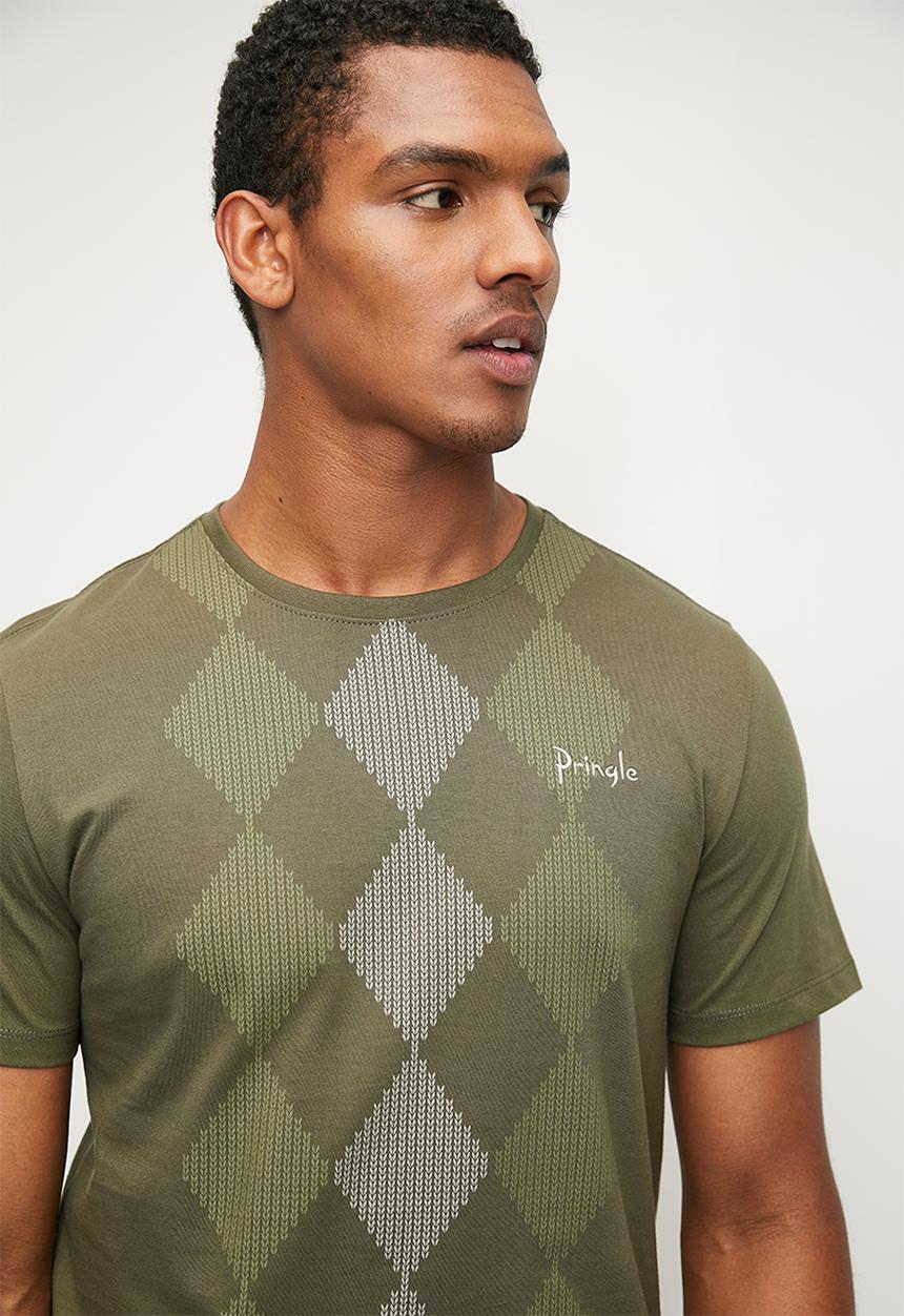 Pringle of Scotland - Hugo all over argyle short sleeve crew neck tee  - fatigue