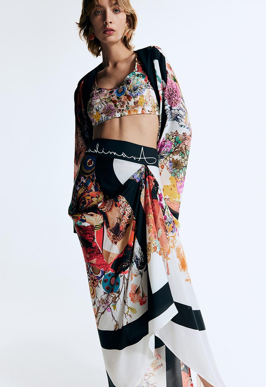 H&M - Anamika Khanna X H&M: Silk-blend floral-motif draped skirt - white